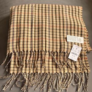 J. Crew tan, blue, black, red, white plaid twist fringe scarf. NWT.
